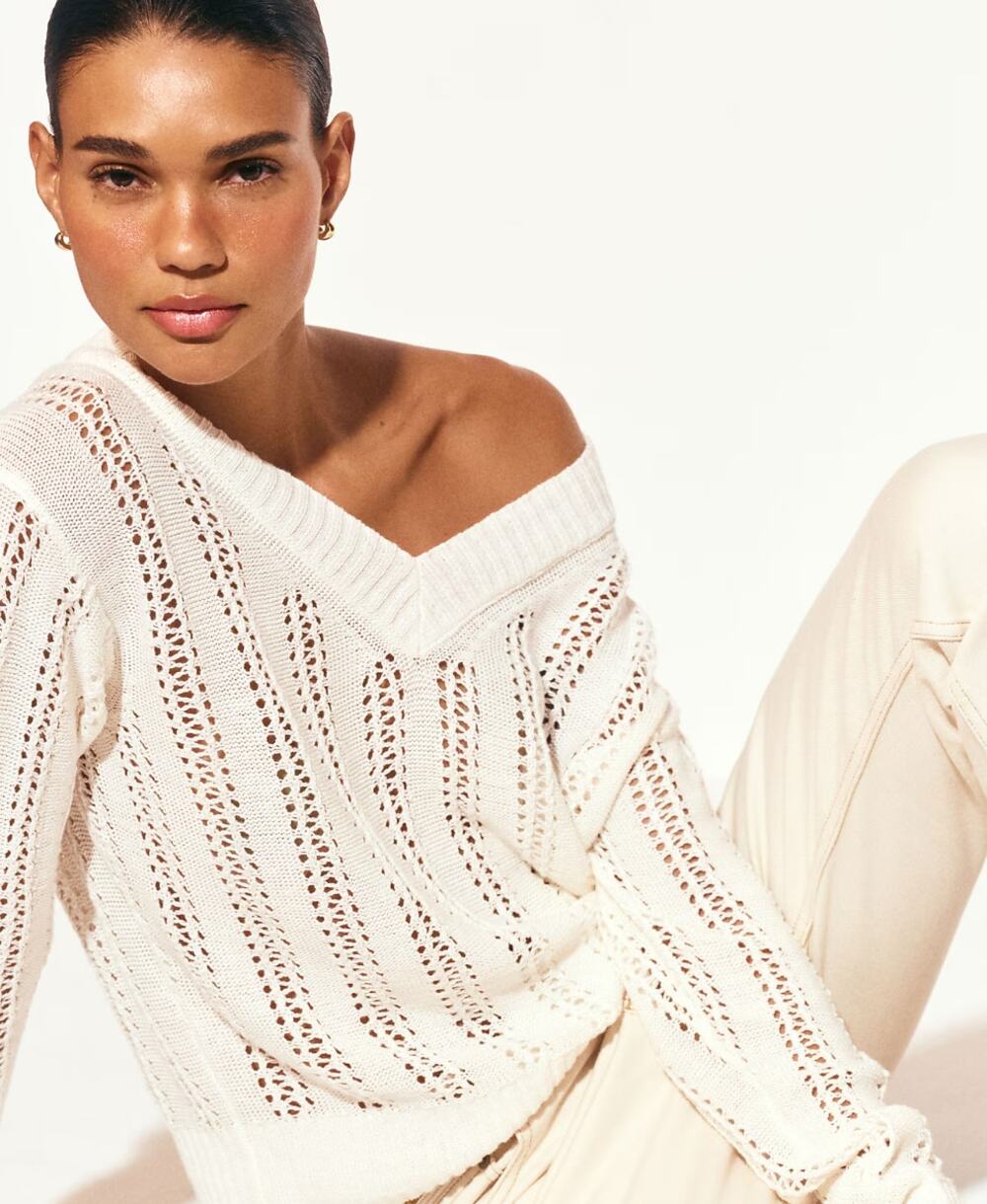 J Crew Open Knit V Neck Linen Sweater XXS NWT Cream White Ivory CT987 Coastal
